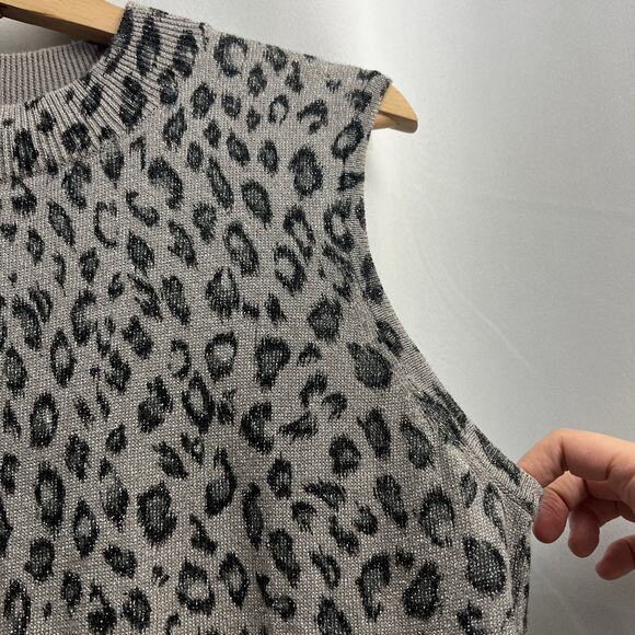 VINTAGE Kathie Lee LARGE Gray Cheetah Knit Sweatshirt Top Sleeveless Mock Neck - Picture 5 of 8